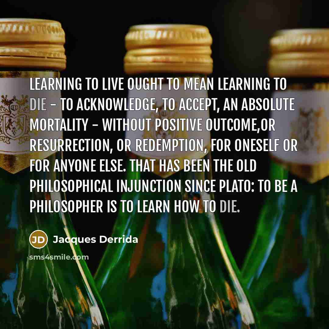 “Learning to live ought to mean learning to die - to acknowledge, to accept, an absolute mortality - without positive outcome,or resurrection, or redemption, for oneself or for anyone else. That has been the old philosophical injunction since Plato: to be a philosopher is to learn how to die.” quote by Jacques Derrida