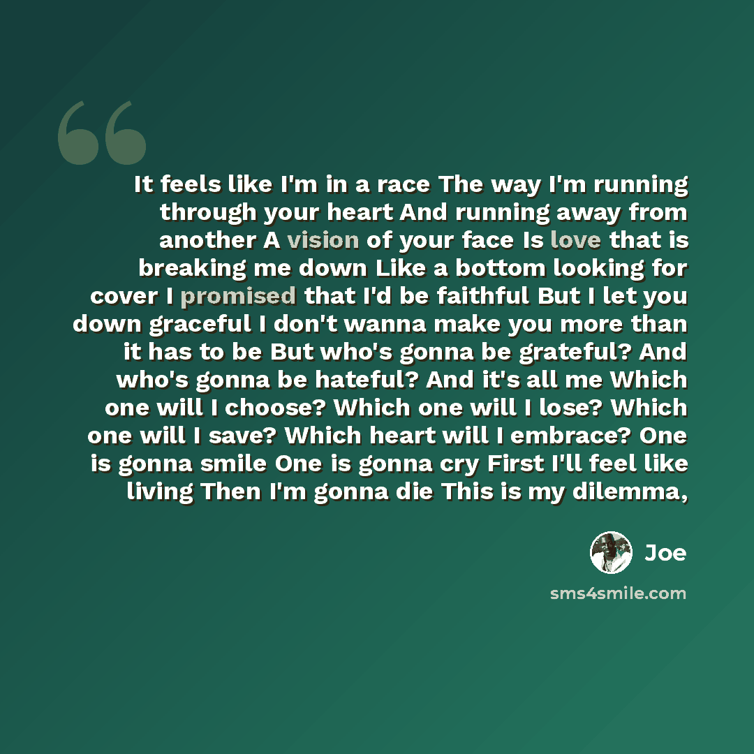 “It feels like I'm in a race The way I'm running through your heart And running away from another A vision of your face Is love that is breaking me down Like a bottom looking for cover I promised that I'd be faithful But I let you down graceful I don't wanna make you more than it has to be But…” quote by Joe