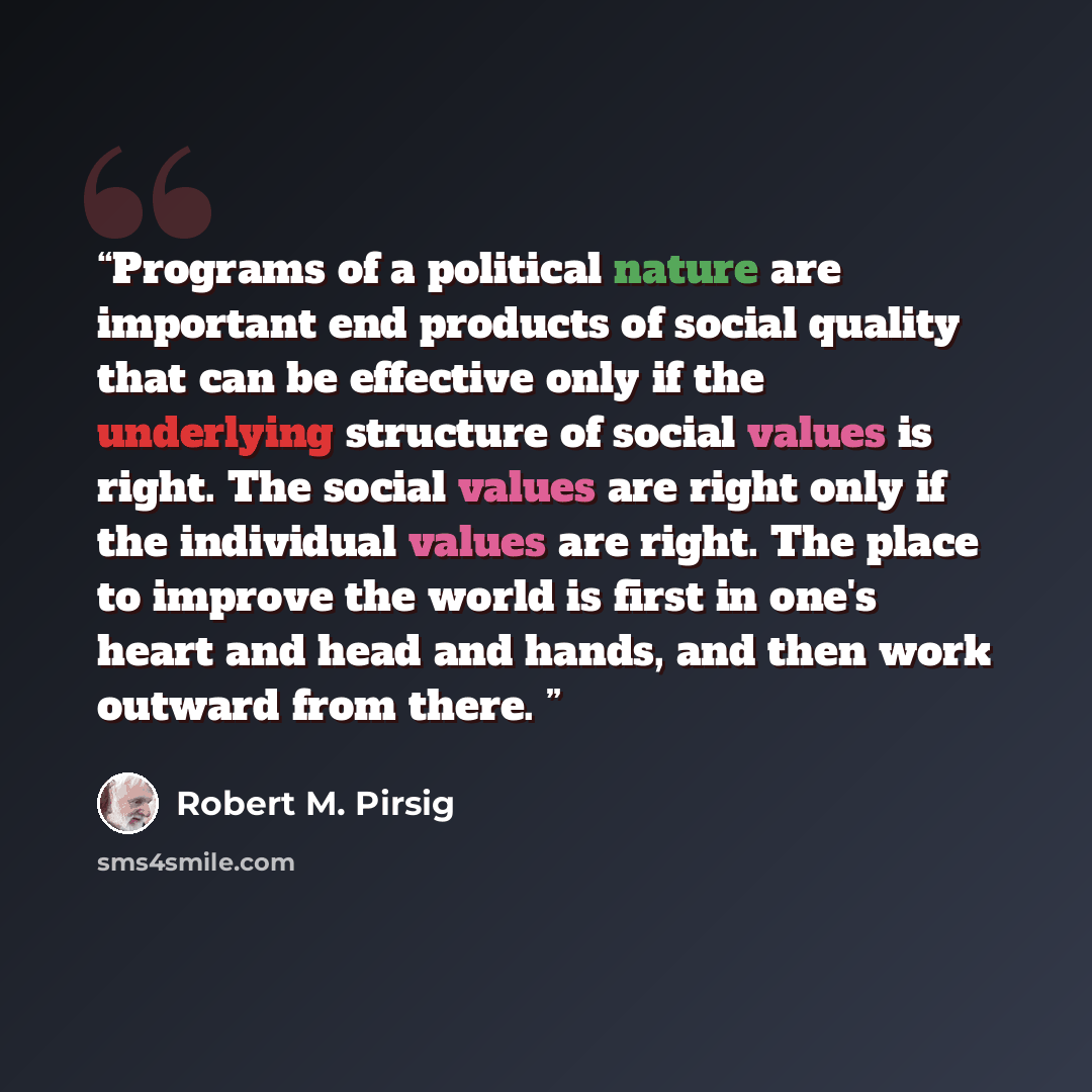 “Programs of a political nature are important end products of social quality that can be effective only if the underlying structure of social values is right. The social values are right only if the individual values are right. The place to improve the world is first in one's heart and head and…” quote by Robert M. Pirsig