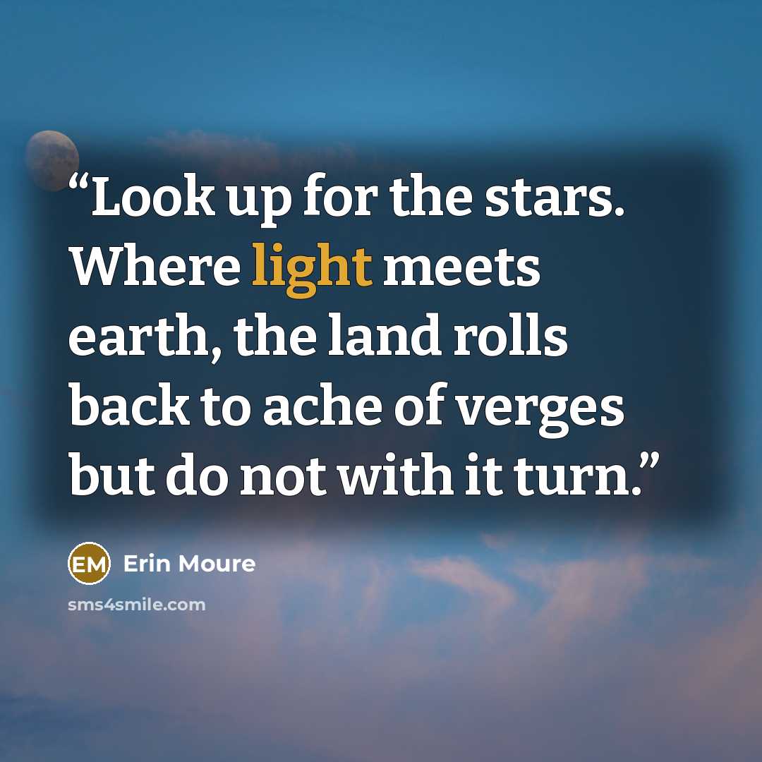 “Look up for the stars. Where light meets earth, the land rolls back to ache of verges but do not with it turn.” quote by Erin Moure