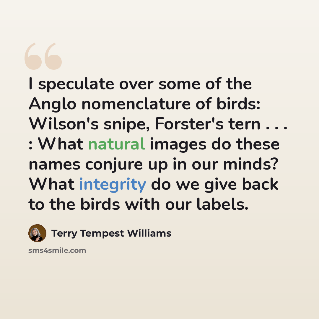 “I speculate over some of the Anglo nomenclature of birds: Wilson's snipe, Forster's tern . . . : What natural images do these names conjure up in our minds? What integrity do we give back to the birds with our labels.” quote by Terry Tempest Williams