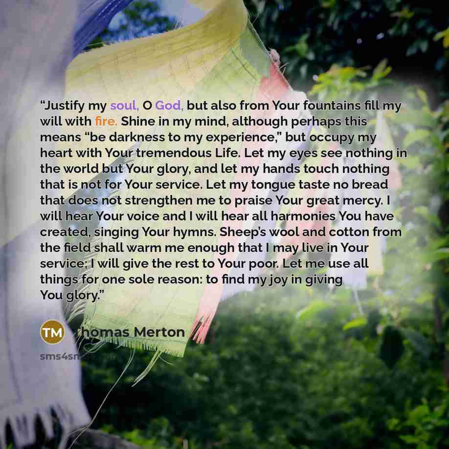 “Justify my soul, O God, but also from Your fountains fill my will with fire. Shine in my mind, although perhaps this means “be darkness to my experience,” but occupy my heart with Your tremendous Life. Let my eyes see nothing in the world but Your glory, and let my hands touch nothing that is not…” quote by Thomas Merton