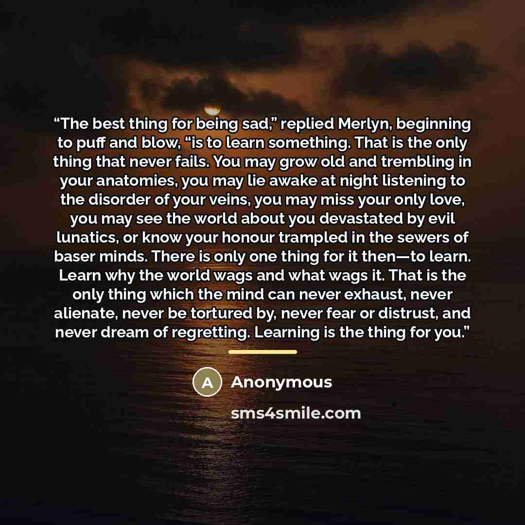 “The best thing for being sad,” replied Merlyn, beginning to puff and blow, “is to learn something. That is the only thing that never fails. You may grow old and trembling in your anatomies, you may lie awake at night listening to the disorder of your veins, you may miss your only love, you may see…” quote by Anonymous