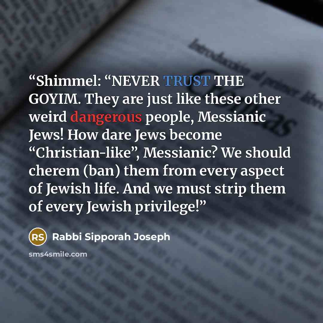 “Shimmel: “NEVER TRUST THE GOYIM. They are just like these other weird dangerous people, Messianic Jews! How dare Jews become “Christian-like”, Messianic? We should cherem (ban) them from every aspect of Jewish life. And we must strip them of every Jewish privilege!” quote by Rabbi Sipporah Joseph