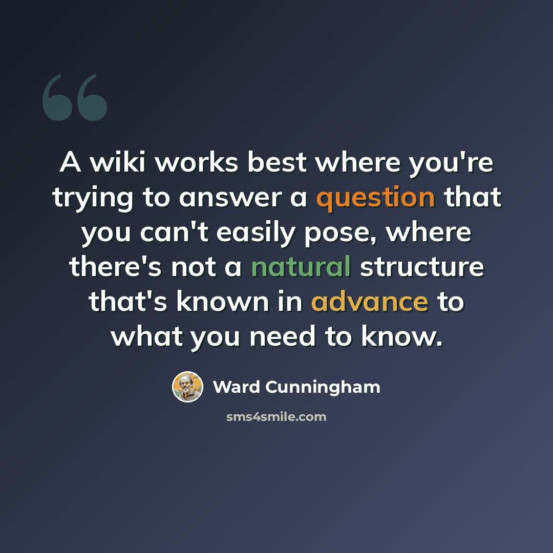 “A wiki works best where you're trying to answer a question that you can't easily pose, where there's not a natural structure that's known in advance to what you need to know.” quote by Ward Cunningham