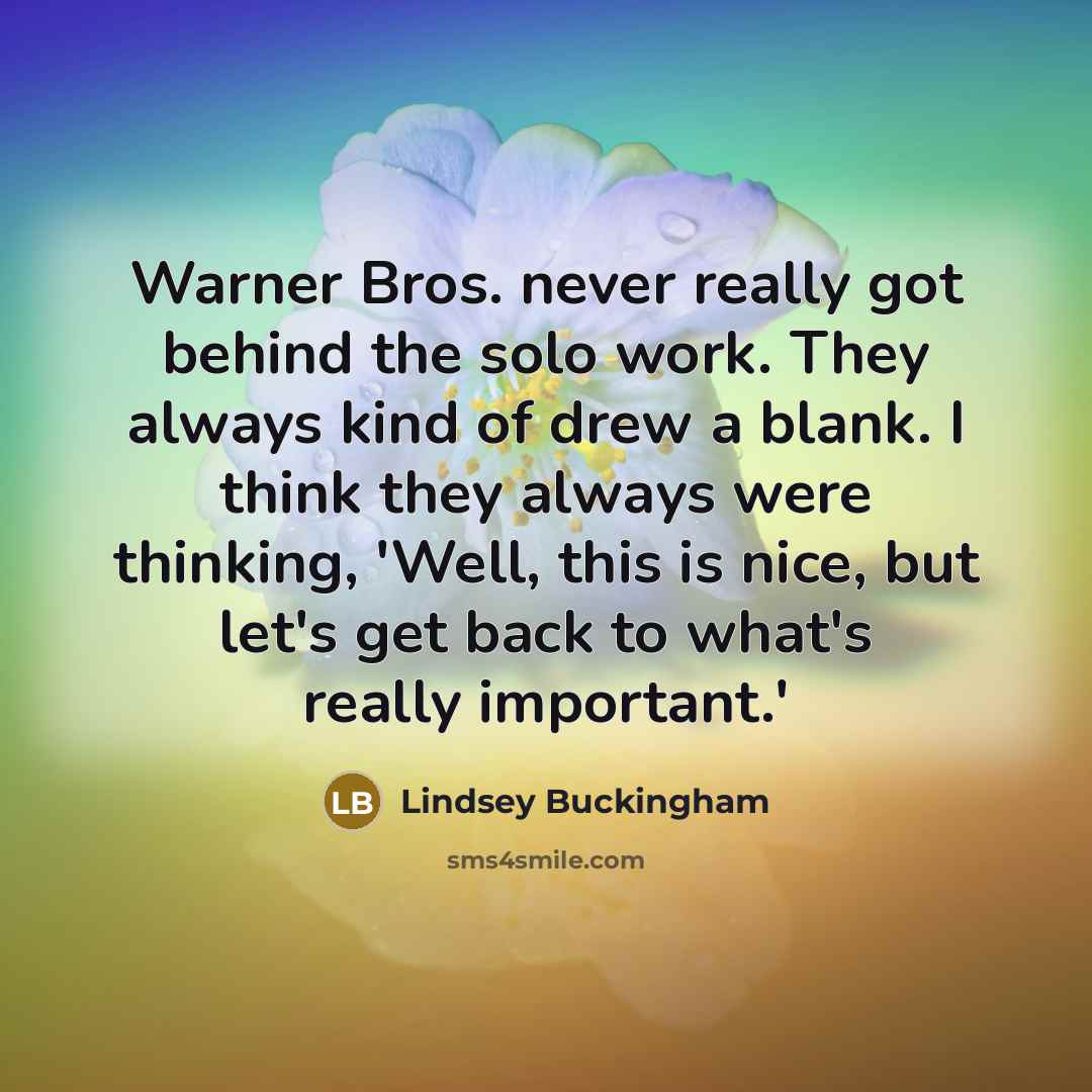 “Warner Bros. never really got behind the solo work. They always kind of drew a blank. I think they always were thinking, 'Well, this is nice, but let's get back to what's really important.'” quote by Lindsey Buckingham