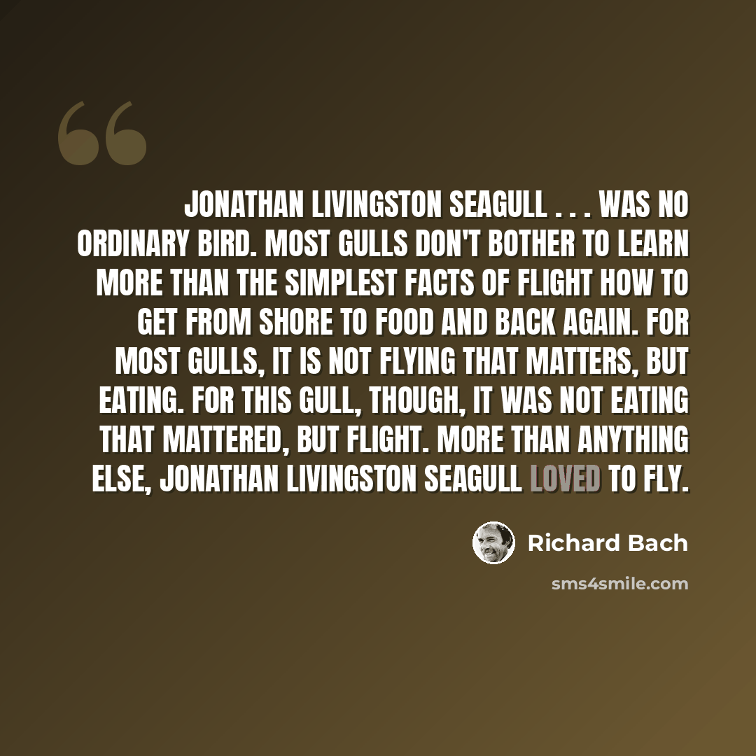 “Jonathan Livingston Seagull . . . was no ordinary bird. Most gulls don't bother to learn more than the simplest facts of flight how to get from shore to food and back again. For most gulls, it is not flying that matters, but eating. For this gull, though, it was not eating that mattered, but…” quote by Richard Bach