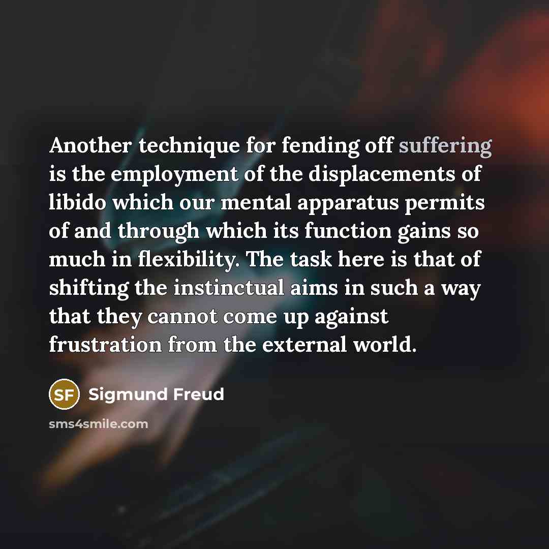 “Another technique for fending off suffering is the employment of the displacements of libido which our mental apparatus permits of and through which its function gains so much in flexibility. The task here is that of shifting the instinctual aims in such a way that they cannot come up against…” quote by Sigmund Freud