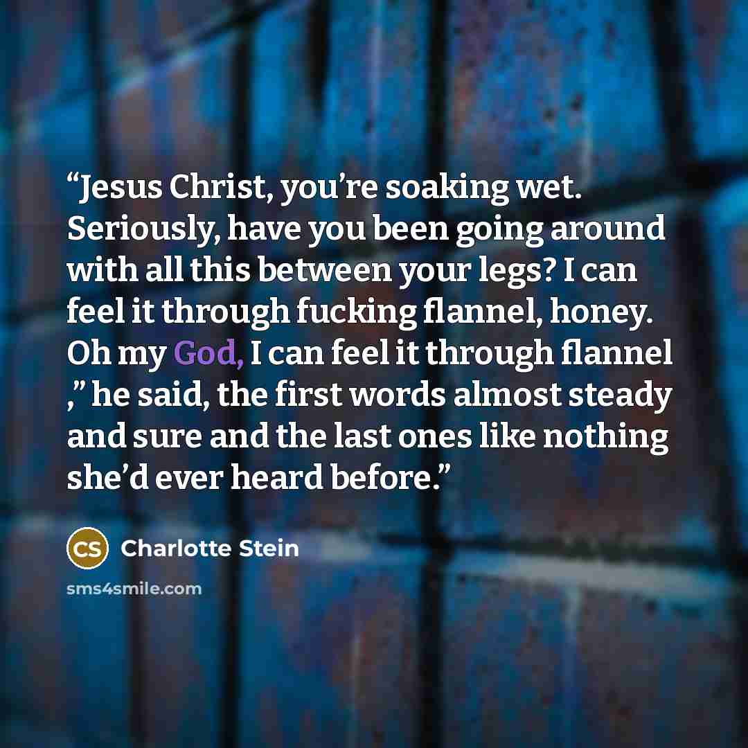 “Jesus Christ, you’re soaking wet. Seriously, have you been going around with all this between your legs? I can feel it through fucking flannel, honey. Oh my God, I can feel it through flannel ,” he said, the first words almost steady and sure and the last ones like nothing she’d ever heard before.” quote by Charlotte Stein