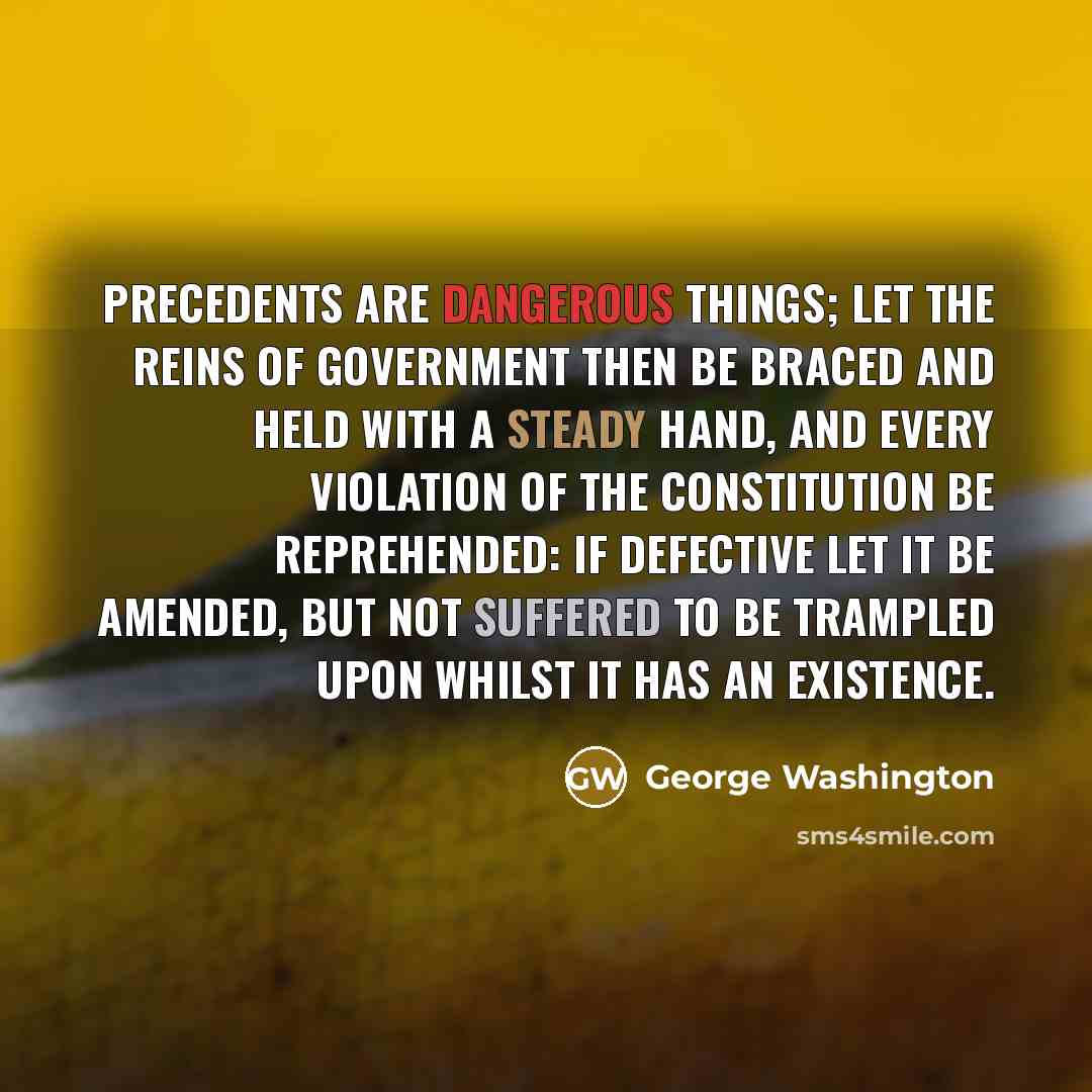 “Precedents are dangerous things; let the reins of government then be braced and held with a steady hand, and every violation of the Constitution be reprehended: If defective let it be amended, but not suffered to be trampled upon whilst it has an existence.” quote by George Washington
