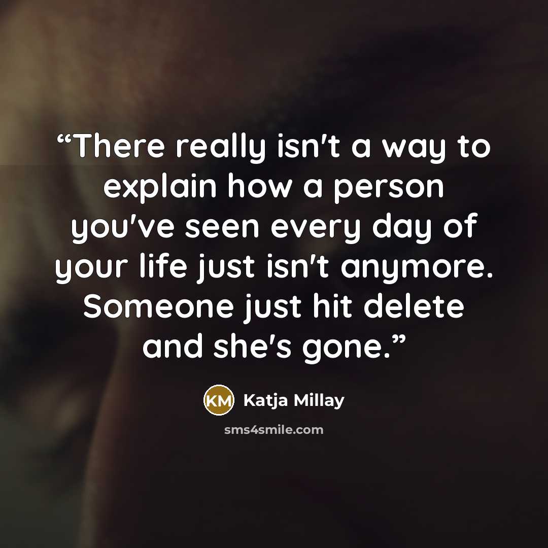 “There really isn't a way to explain how a person you've seen every day of your life just isn't anymore. Someone just hit delete and she's gone.” quote by Katja Millay