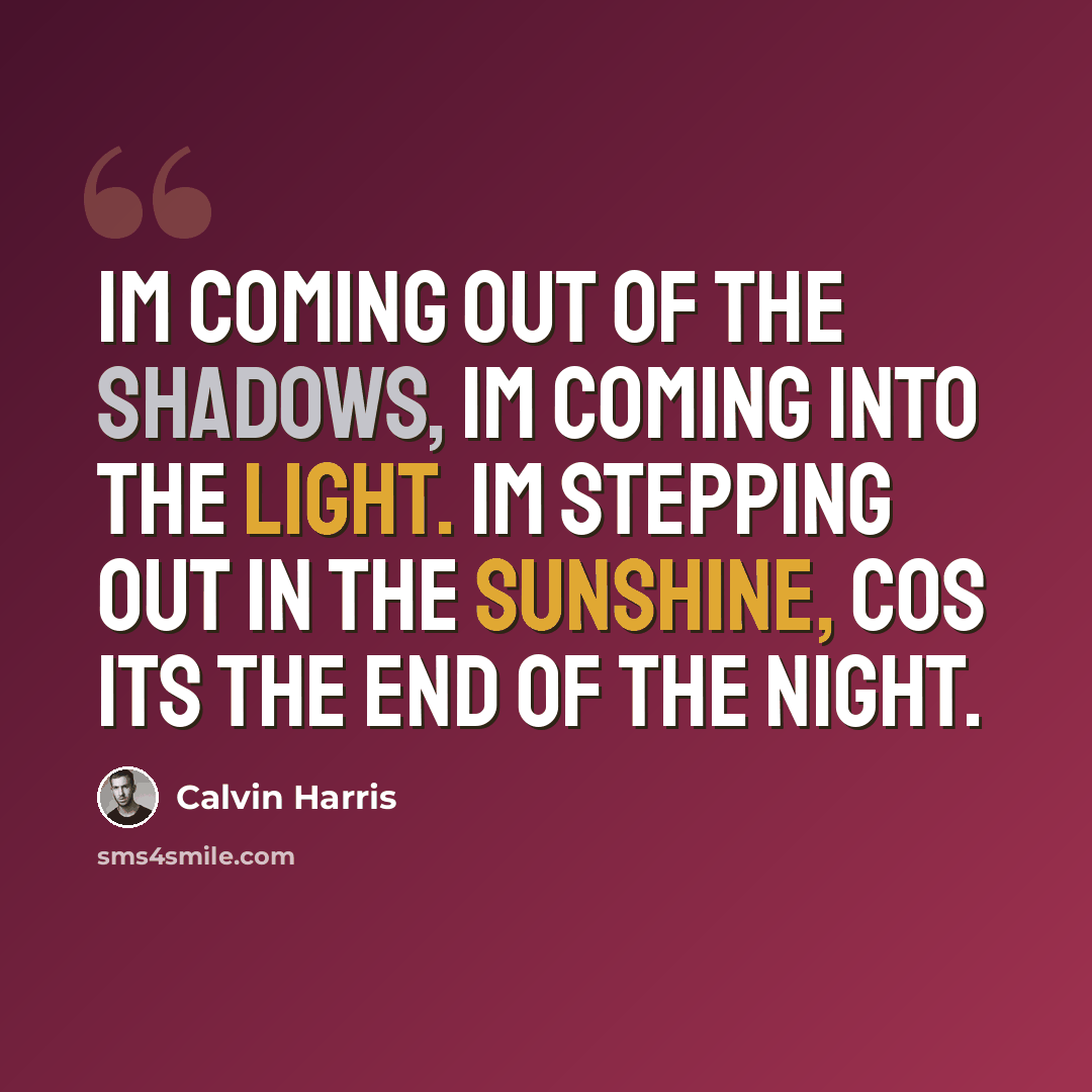 “Im coming out of the shadows, Im coming into the light. Im stepping out in the sunshine, cos its the end of the night.” quote by Calvin Harris
