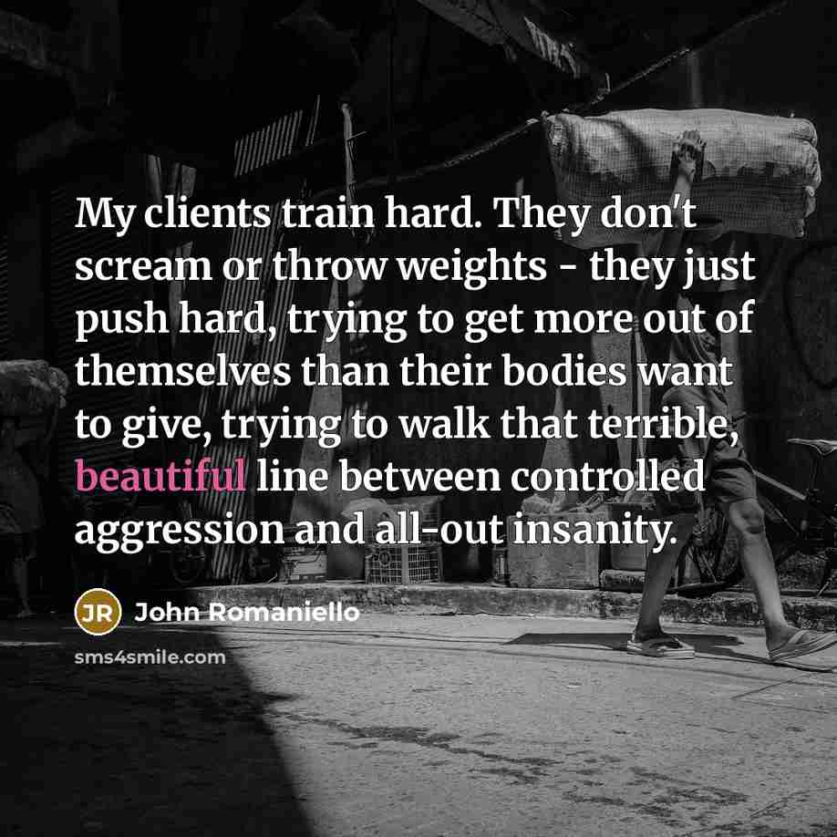 “My clients train hard. They don't scream or throw weights - they just push hard, trying to get more out of themselves than their bodies want to give, trying to walk that terrible, beautiful line between controlled aggression and all-out insanity.” quote by John Romaniello