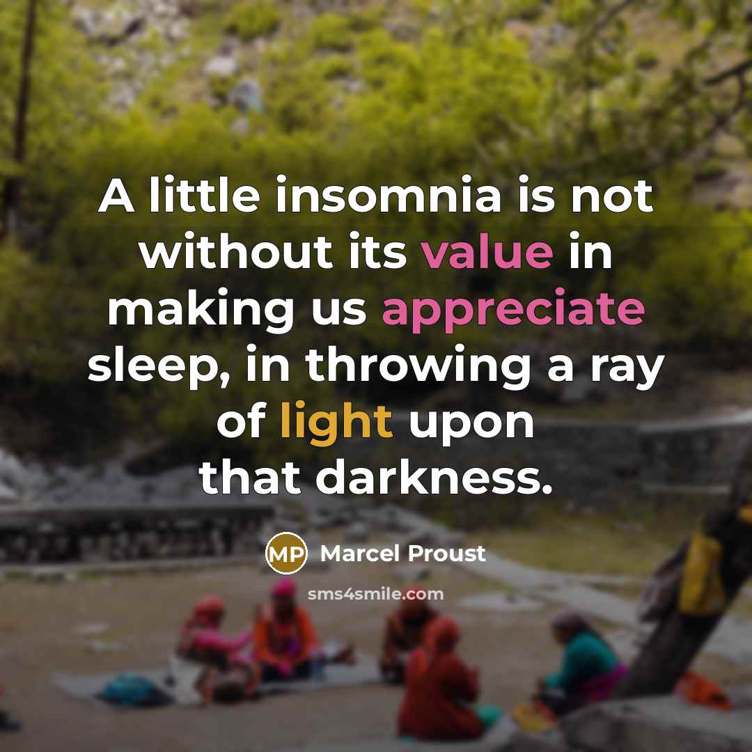“A little insomnia is not without its value in making us appreciate sleep, in throwing a ray of light upon that darkness.” quote by Marcel Proust