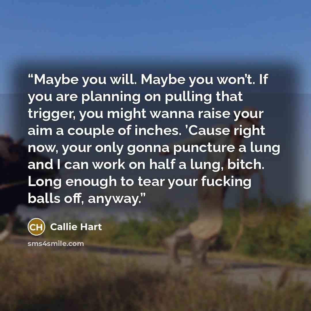 “Maybe you will. Maybe you won’t. If you are planning on pulling that trigger, you might wanna raise your aim a couple of inches. ’Cause right now, your only gonna puncture a lung and I can work on half a lung, bitch. Long enough to tear your fucking balls off, anyway.” quote by Callie Hart