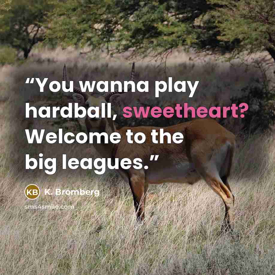 “You wanna play hardball, sweetheart? Welcome to the big leagues.” quote by K. Bromberg