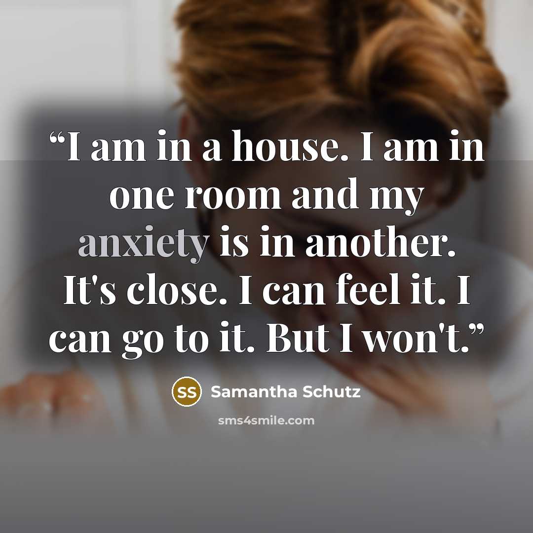 “I am in a house. I am in one room and my anxiety is in another. It's close. I can feel it. I can go to it. But I won't.” quote by Samantha Schutz