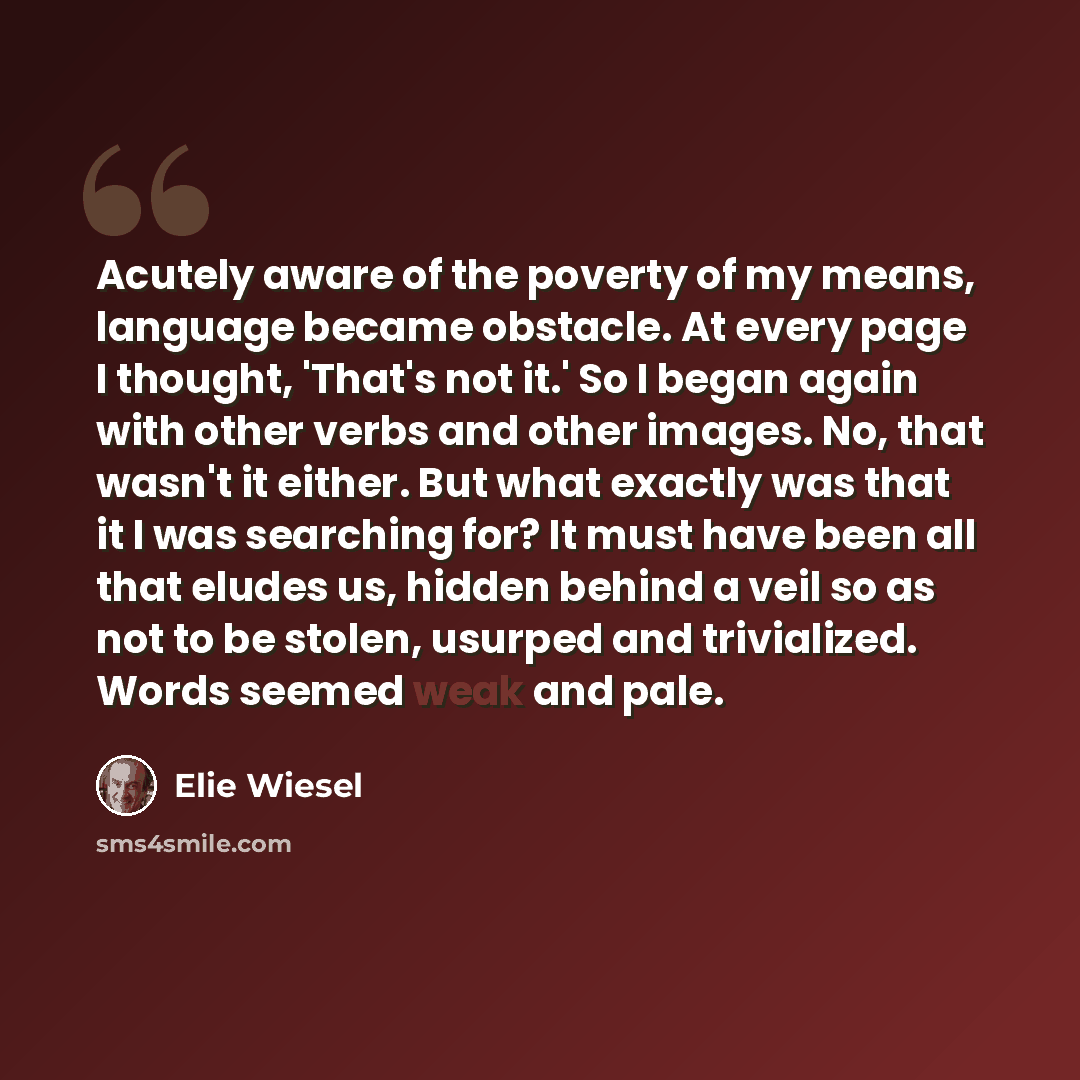 “Acutely aware of the poverty of my means, language became obstacle. At every page I thought, 'That's not it.' So I began again with other verbs and other images. No, that wasn't it either. But what exactly was that it I was searching for? It must have been all that eludes us, hidden behind a veil…” quote by Elie Wiesel