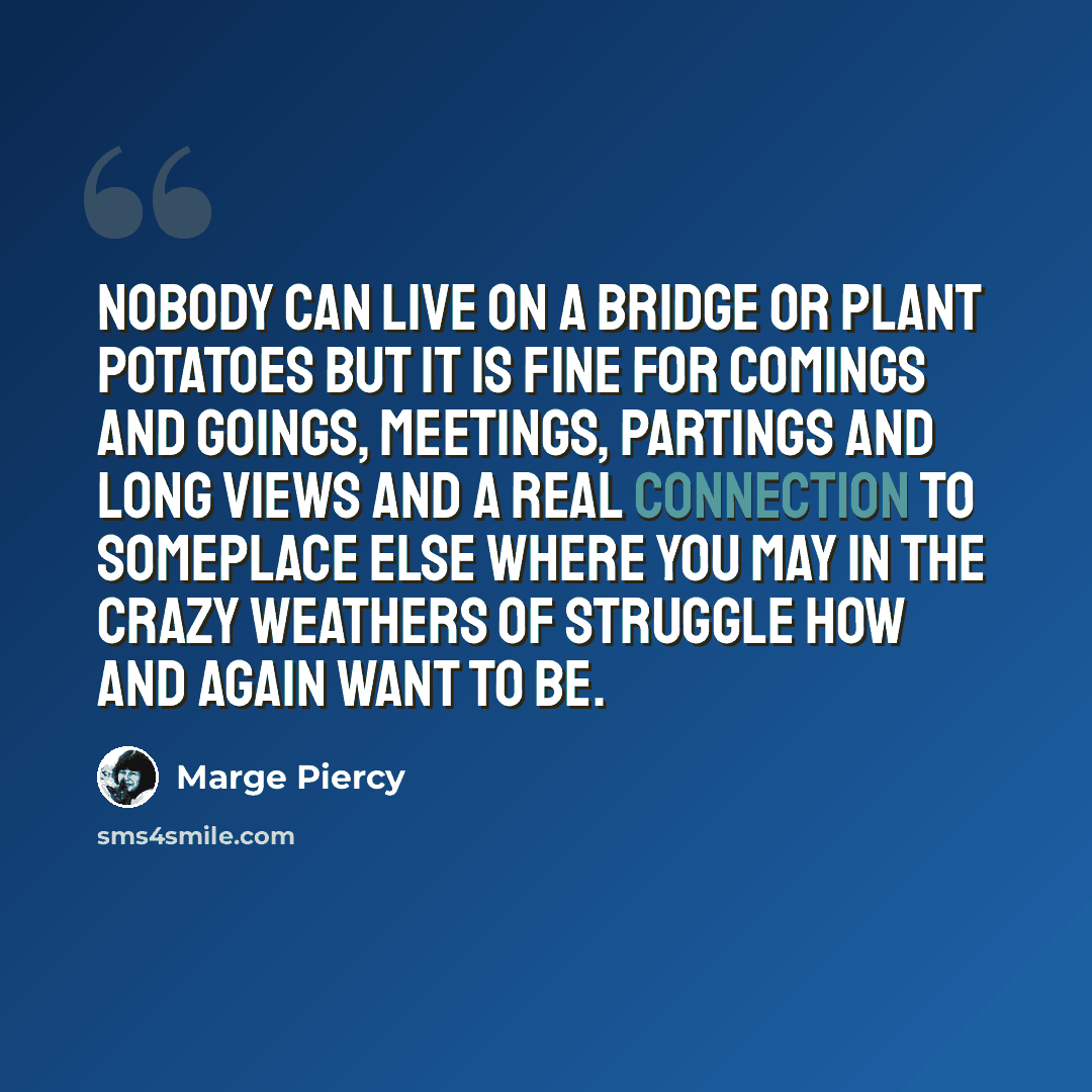 “Nobody can live on a bridge or plant potatoes but it is fine for comings and goings, meetings, partings and long views and a real connection to someplace else where you may in the crazy weathers of struggle how and again want to be.” quote by Marge Piercy