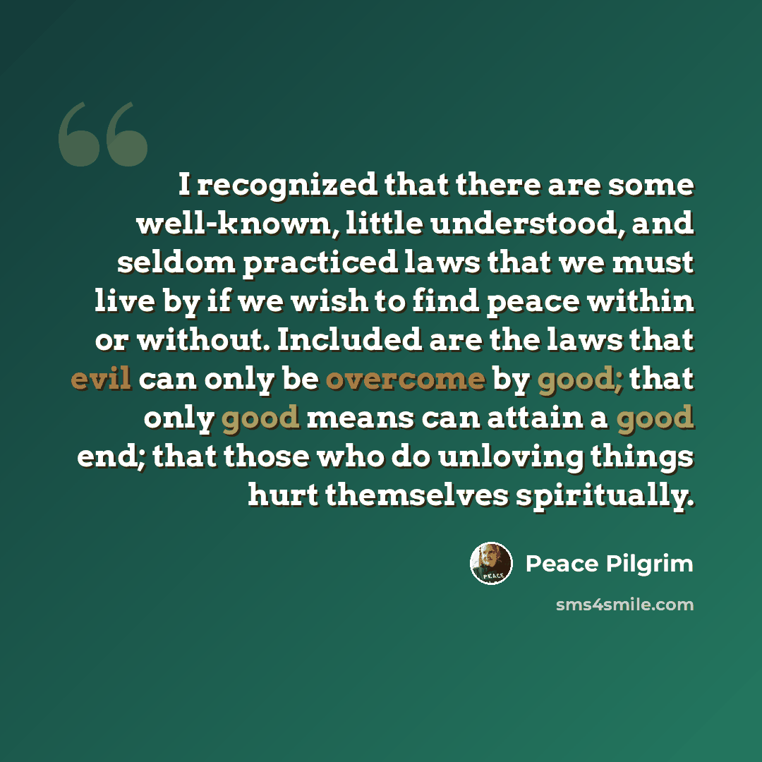 “I recognized that there are some well-known, little understood, and seldom practiced laws that we must live by if we wish to find peace within or without. Included are the laws that evil can only be overcome by good; that only good means can attain a good end; that those who do unloving things…” quote by Peace Pilgrim