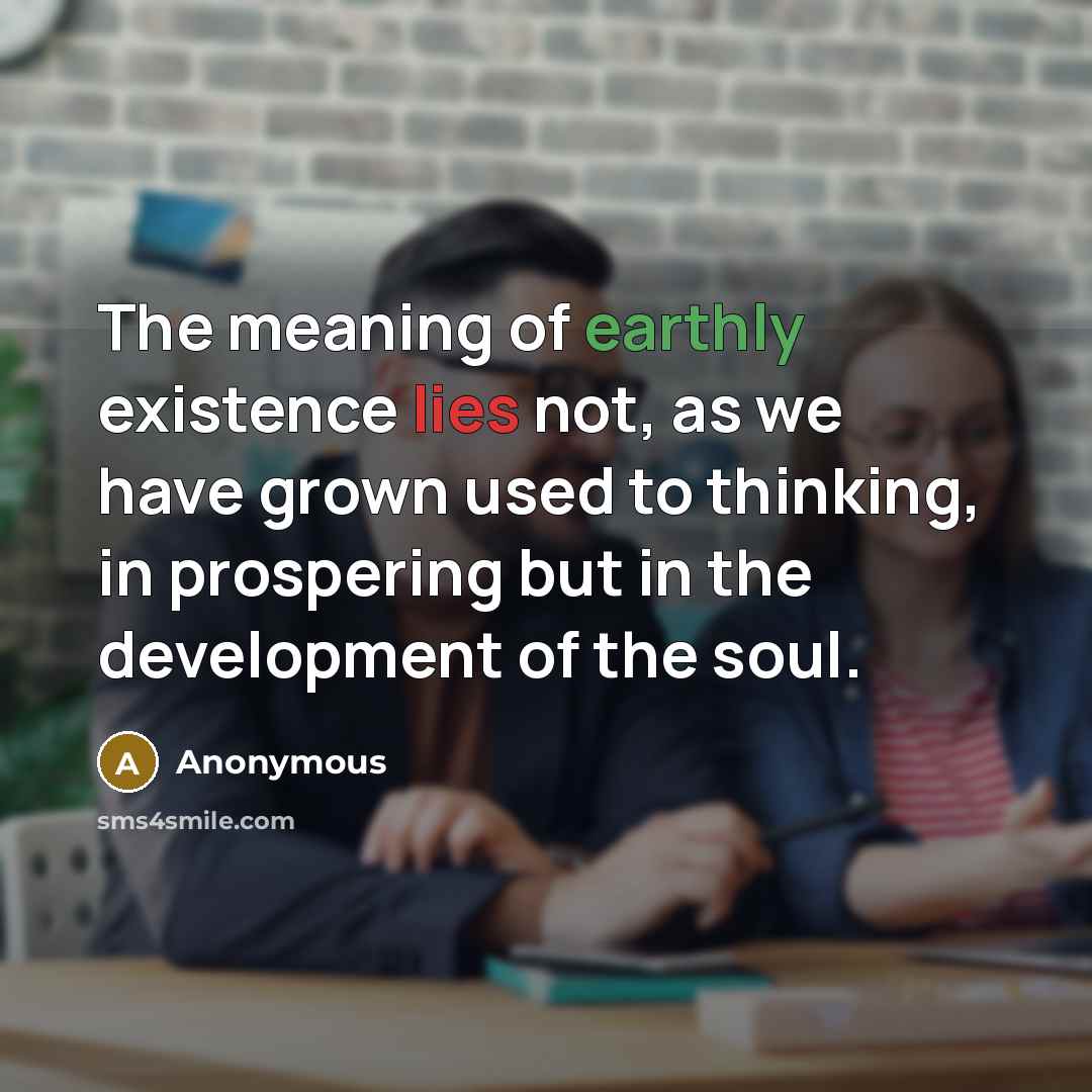 “The meaning of earthly existence lies not, as we have grown used to thinking, in prospering but in the development of the soul.” quote by Anonymous
