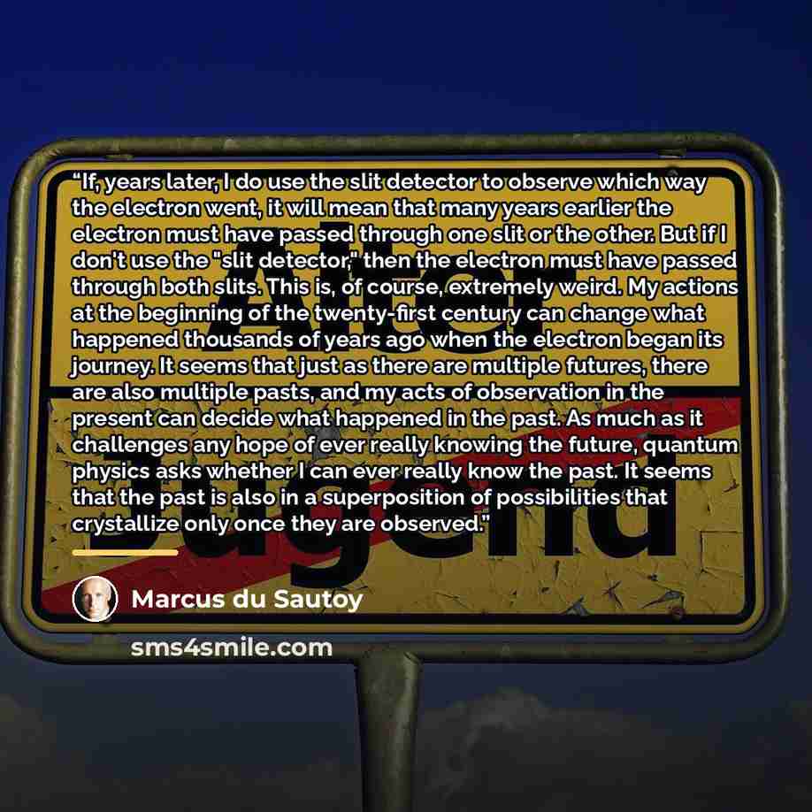 “If, years later, I do use the slit detector to observe which way the electron went, it will mean that many years earlier the electron must have passed through one slit or the other. But if I don't use the "slit detector," then the electron must have passed through both slits. This is, of course…” quote by Marcus du Sautoy