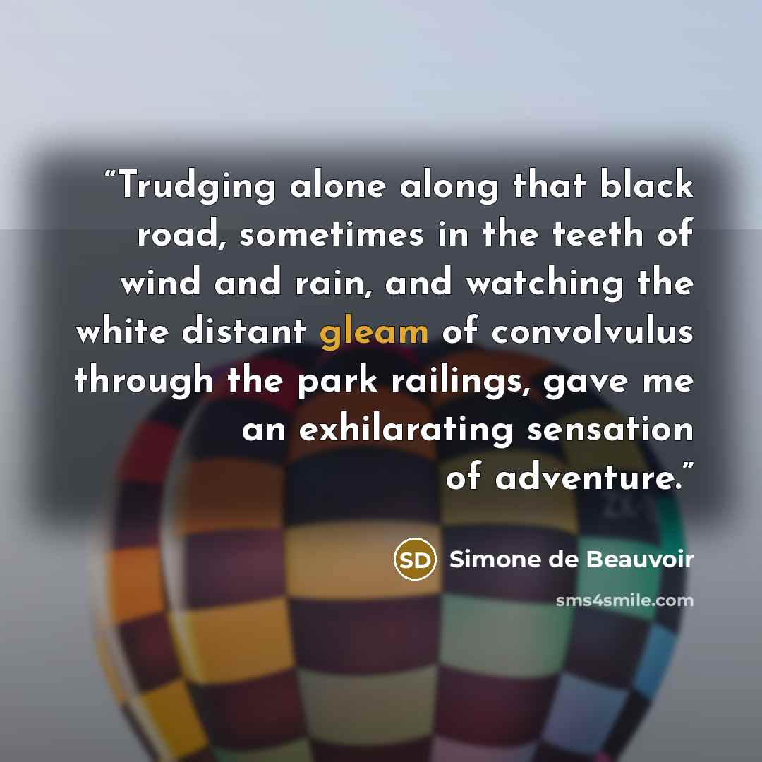 “Trudging alone along that black road, sometimes in the teeth of wind and rain, and watching the white distant gleam of convolvulus through the park railings, gave me an exhilarating sensation of adventure.” quote by Simone de Beauvoir