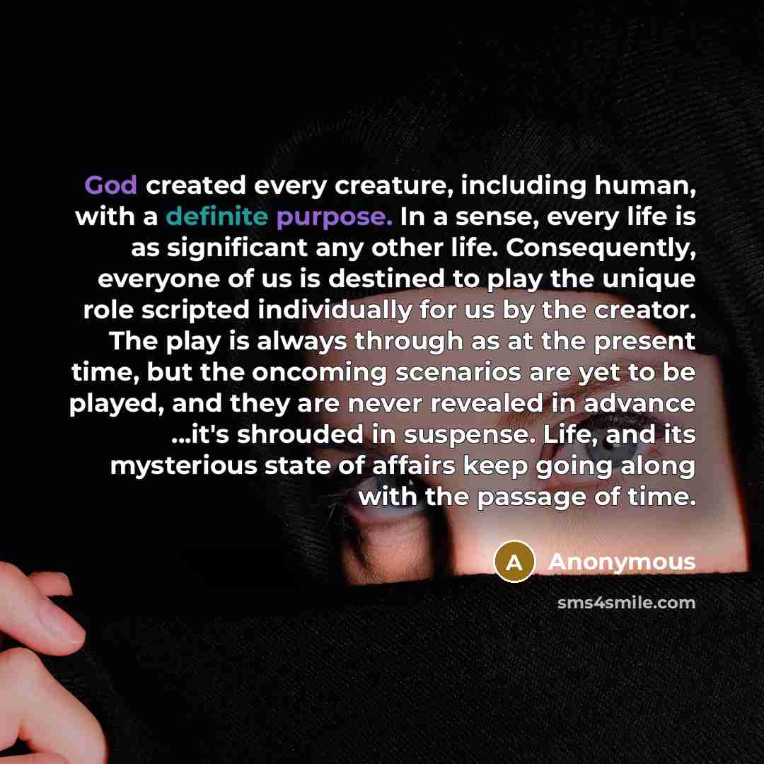 “God created every creature, including human, with a definite purpose. In a sense, every life is as significant any other life. Consequently, everyone of us is destined to play the unique role scripted individually for us by the creator. The play is always through as at the present time, but the…” quote by Anonymous