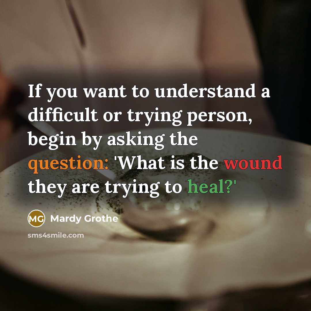 “If you want to understand a difficult or trying person, begin by asking the question: 'What is the wound they are trying to heal?'” quote by Mardy Grothe