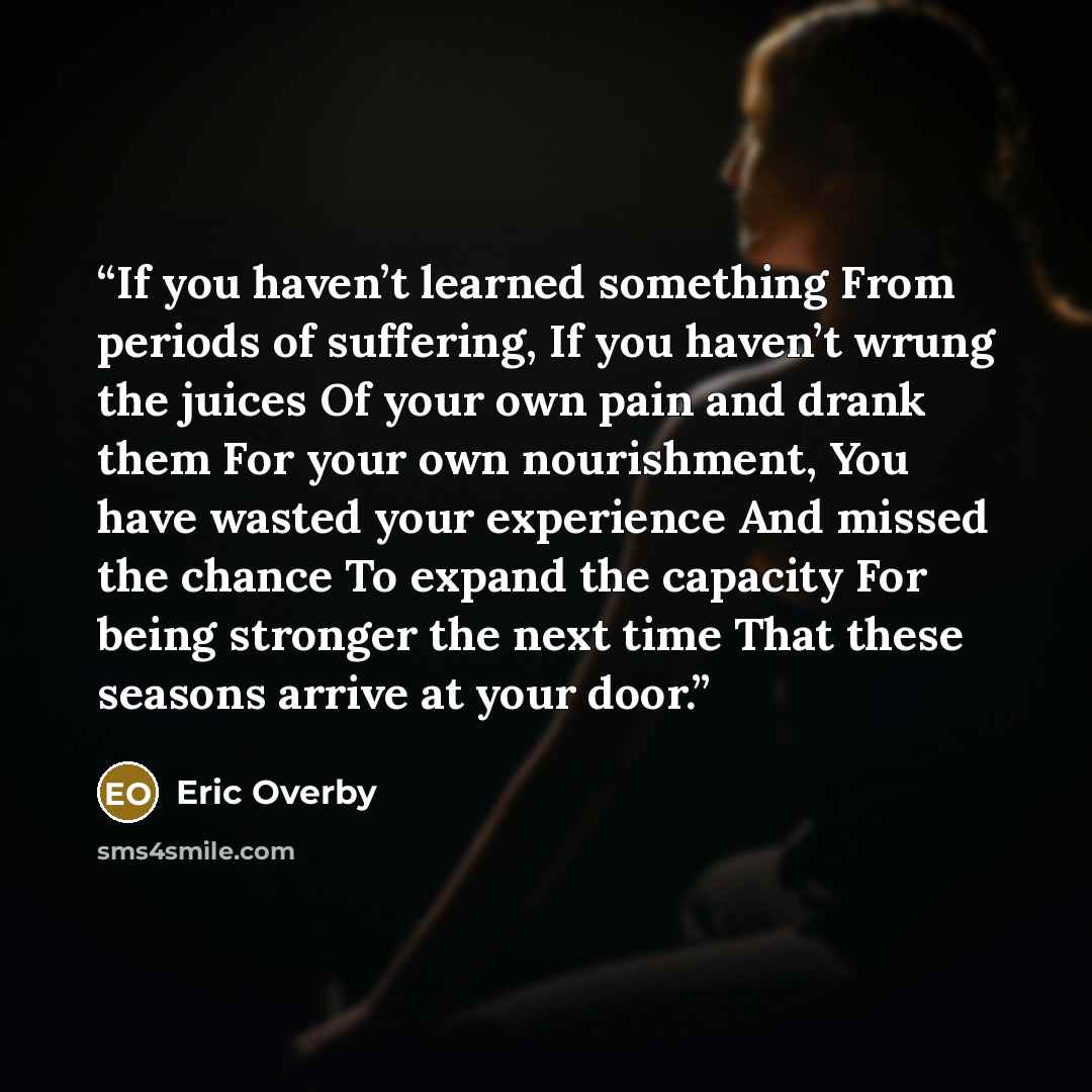 “If you haven’t learned something From periods of suffering, If you haven’t wrung the juices Of your own pain and drank them For your own nourishment, You have wasted your experience And missed the chance To expand the capacity For being stronger the next time That these seasons arrive at your door.” quote by Eric Overby