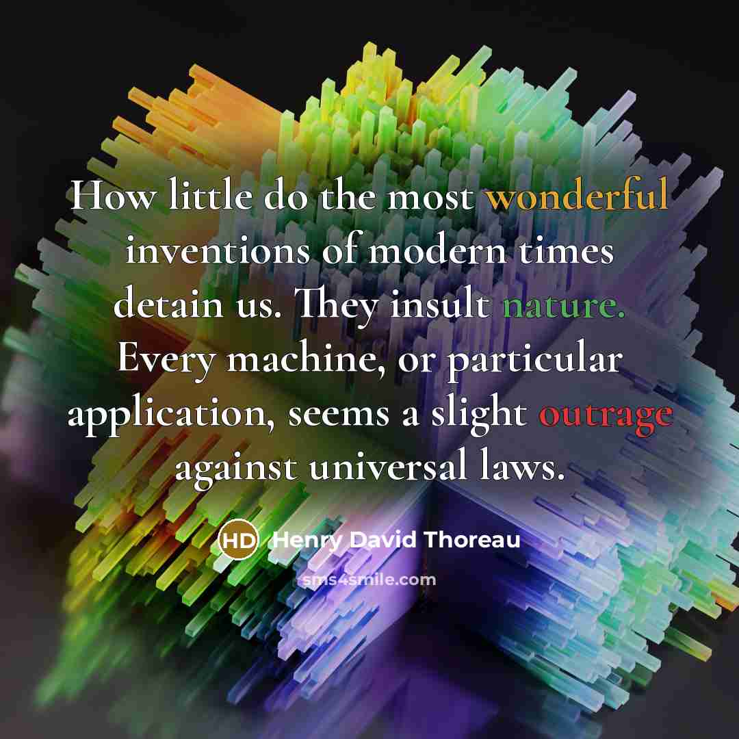 “How little do the most wonderful inventions of modern times detain us. They insult nature. Every machine, or particular application, seems a slight outrage against universal laws.” quote by Henry David Thoreau