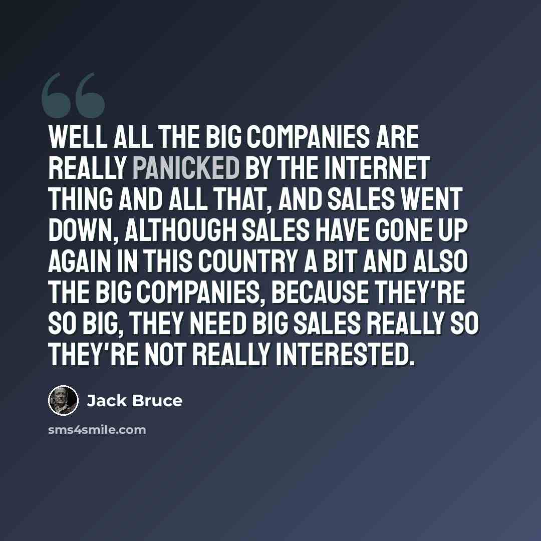 “Well all the big companies are really panicked by the internet thing and all that, and sales went down, although sales have gone up again in this country a bit and also the big companies, because they're so big, they need big sales really so they're not really interested.” quote by Jack Bruce