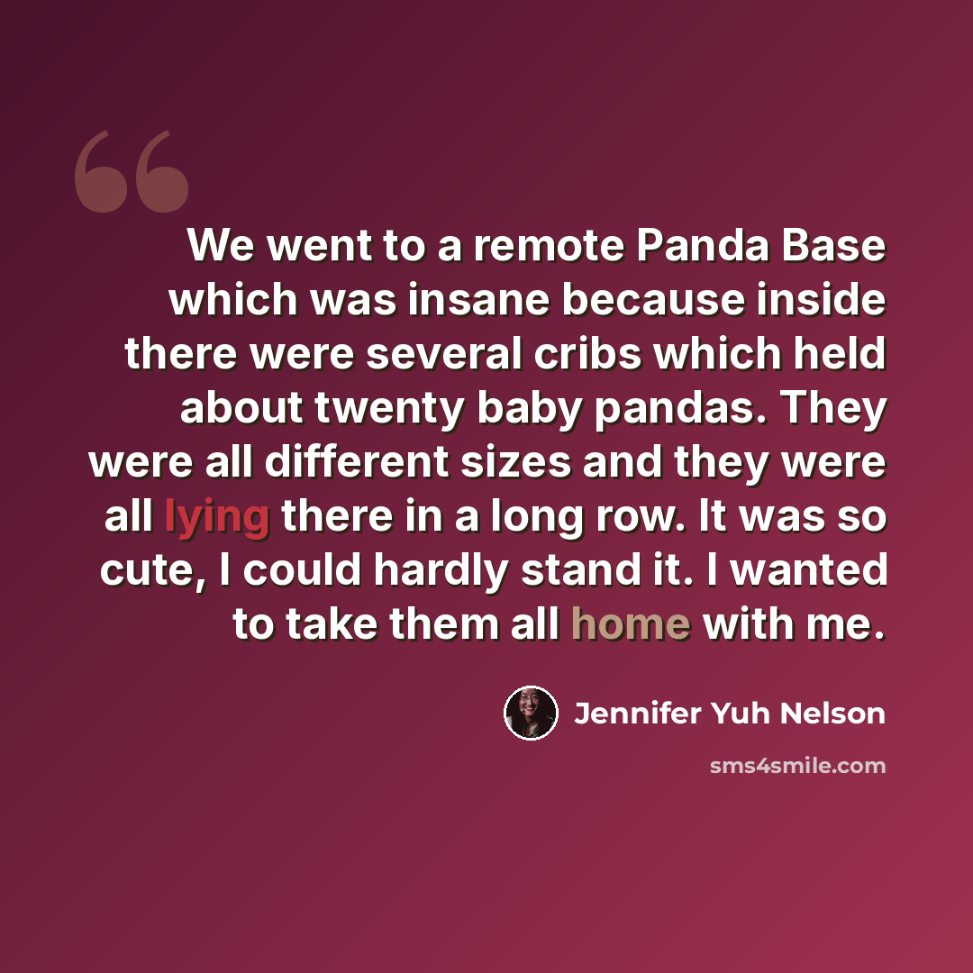 “We went to a remote Panda Base which was insane because inside there were several cribs which held about twenty baby pandas. They were all different sizes and they were all lying there in a long row. It was so cute, I could hardly stand it. I wanted to take them all home with me.” quote by Jennifer Yuh Nelson