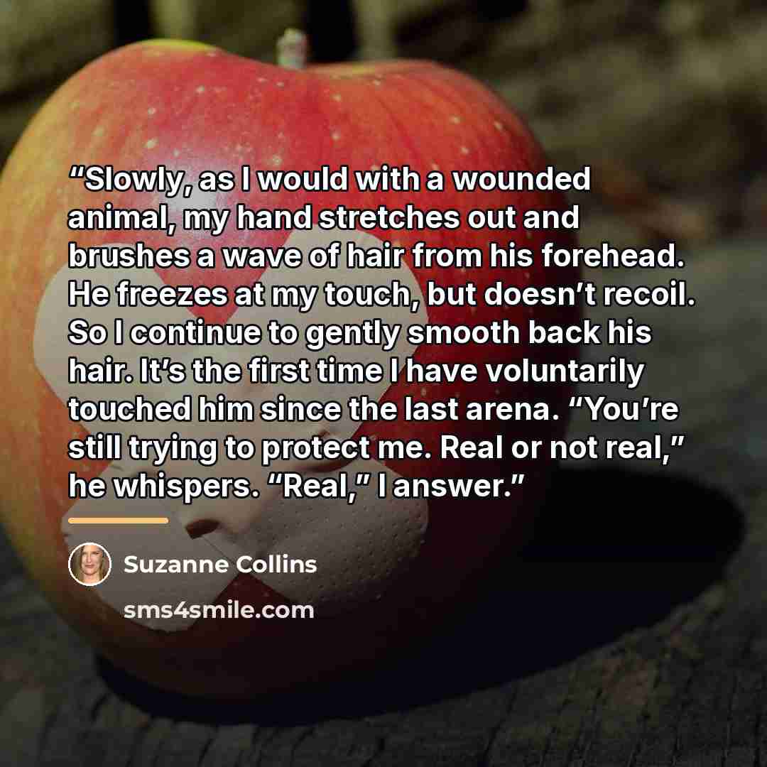 “Slowly, as I would with a wounded animal, my hand stretches out and brushes a wave of hair from his forehead. He freezes at my touch, but doesn’t recoil. So I continue to gently smooth back his hair. It’s the first time I have voluntarily touched him since the last arena. “You’re still trying to…” quote by Suzanne Collins
