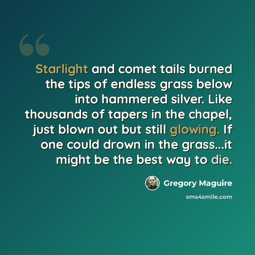 “Starlight and comet tails burned the tips of endless grass below into hammered silver. Like thousands of tapers in the chapel, just blown out but still glowing. If one could drown in the grass...it might be the best way to die.” quote by Gregory Maguire