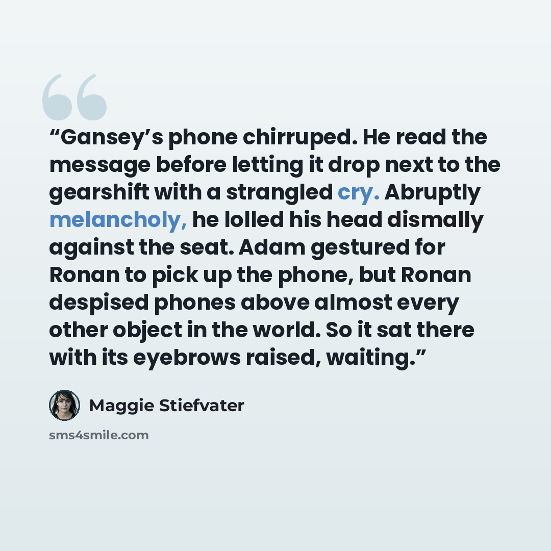 “Gansey’s phone chirruped. He read the message before letting it drop next to the gearshift with a strangled cry. Abruptly melancholy, he lolled his head dismally against the seat. Adam gestured for Ronan to pick up the phone, but Ronan despised phones above almost every other object in the world…” quote by Maggie Stiefvater