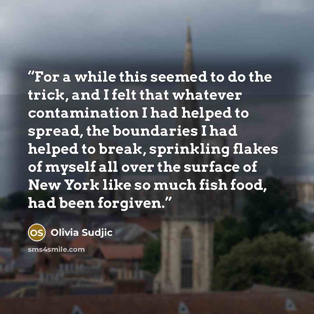 “For a while this seemed to do the trick, and I felt that whatever contamination I had helped to spread, the boundaries I had helped to break, sprinkling flakes of myself all over the surface of New York like so much fish food, had been forgiven.” quote by Olivia Sudjic