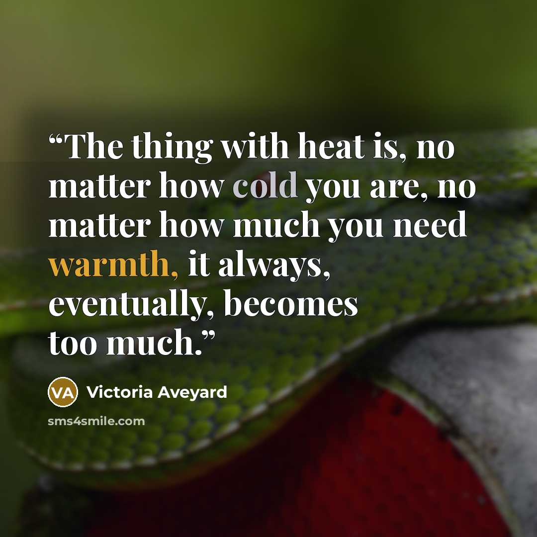 “The thing with heat is, no matter how cold you are, no matter how much you need warmth, it always, eventually, becomes too much.” quote by Victoria Aveyard