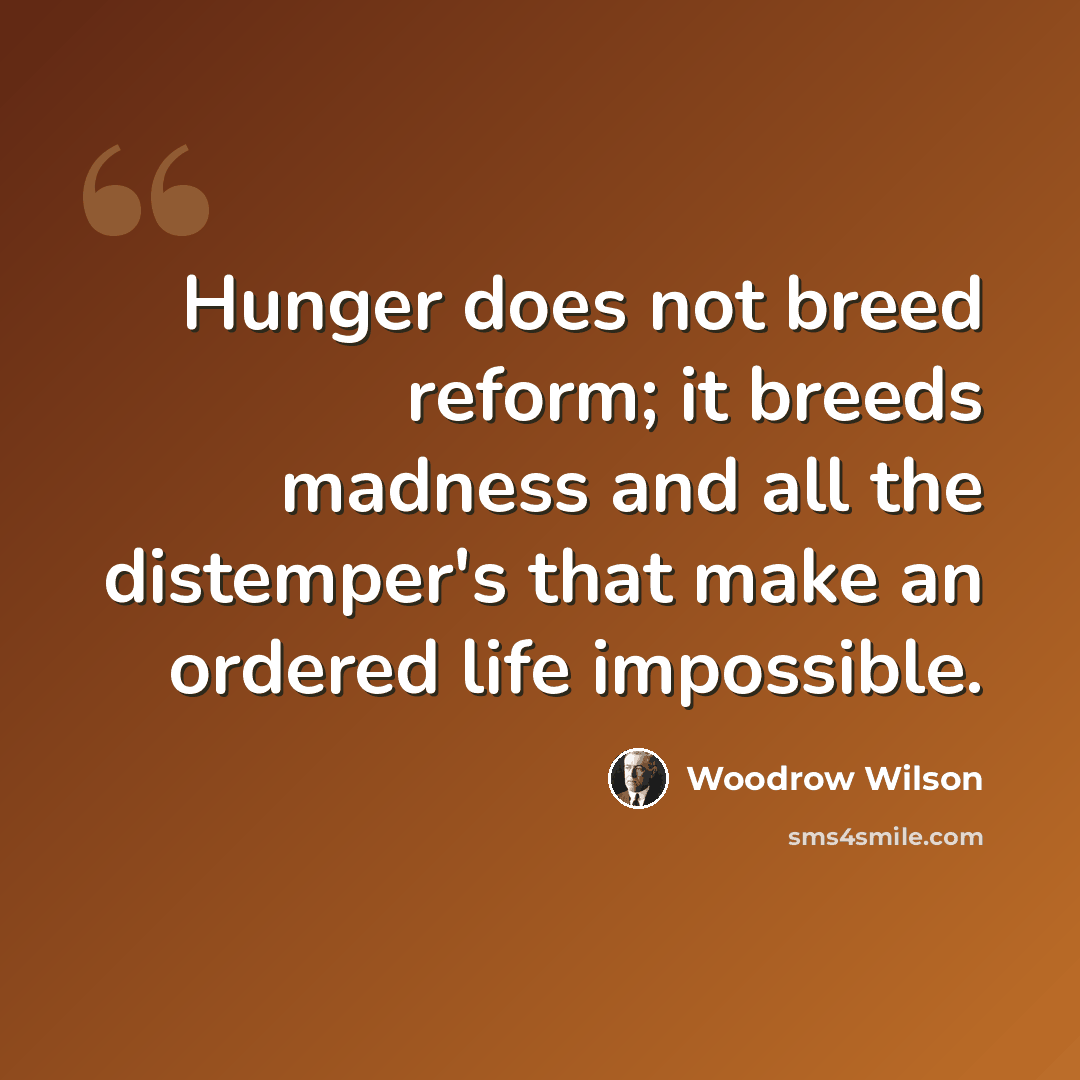 “Hunger does not breed reform; it breeds madness and all the distemper's that make an ordered life impossible.” quote by Woodrow Wilson