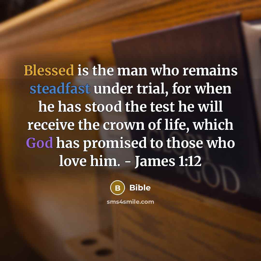 “Blessed is the man who remains steadfast under trial, for when he has stood the test he will receive the crown of life, which God has promised to those who love him. - James 1:12” quote by Bible