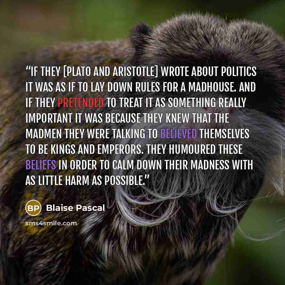 “If they [Plato and Aristotle] wrote about politics it was as if to lay down rules for a madhouse. And if they pretended to treat it as something really important it was because they knew that the madmen they were talking to believed themselves to be kings and emperors. They humoured these beliefs…” quote by Blaise Pascal