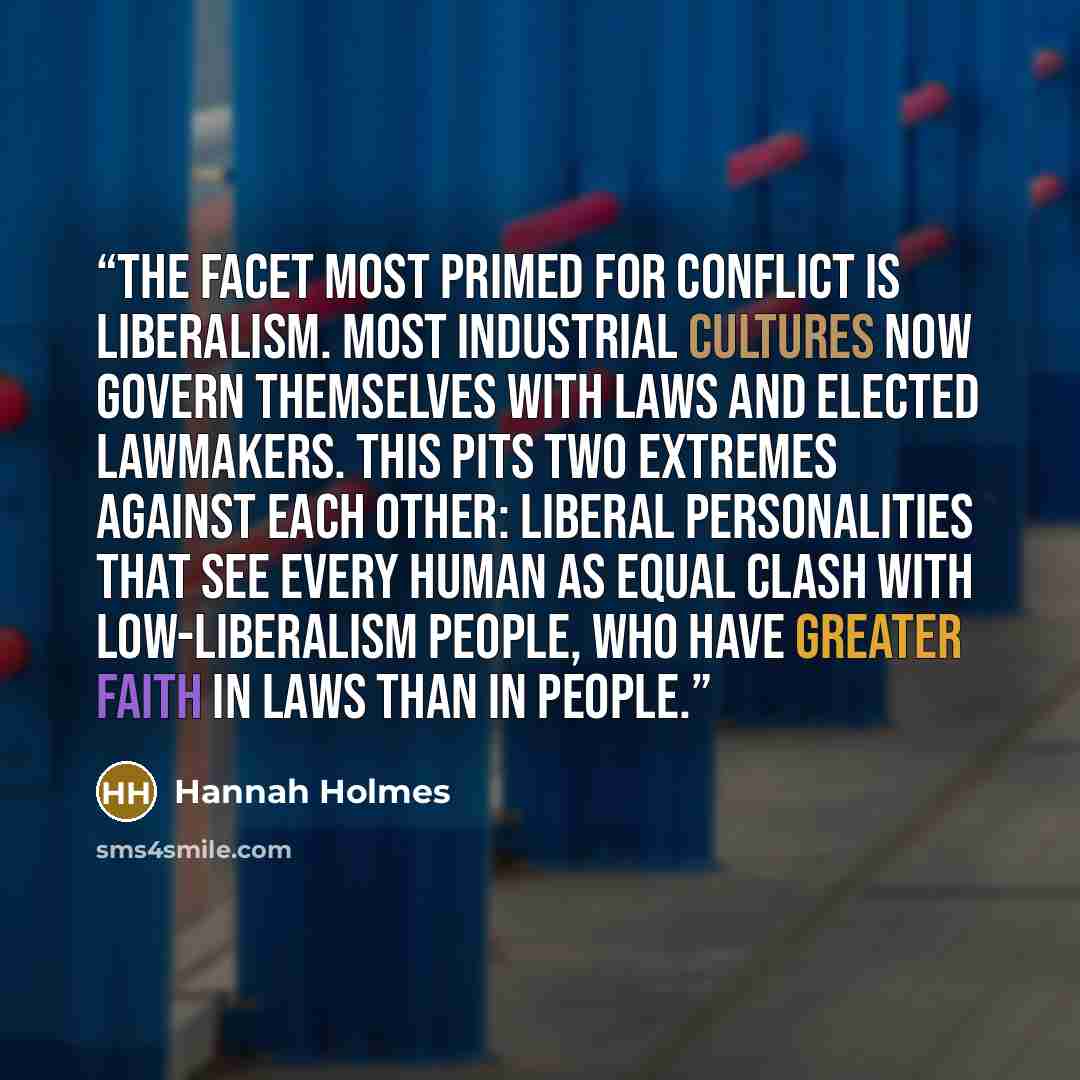 “The facet most primed for conflict is liberalism. Most industrial cultures now govern themselves with laws and elected lawmakers. This pits two extremes against each other: Liberal personalities that see every human as equal clash with low-liberalism people, who have greater faith in laws than in…” quote by Hannah Holmes