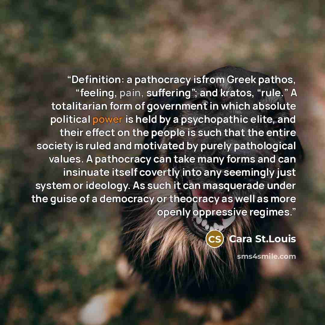 “Definition: a pathocracy isfrom Greek pathos, “feeling, pain, suffering”; and kratos, “rule.” A totalitarian form of government in which absolute political power is held by a psychopathic elite, and their effect on the people is such that the entire society is ruled and motivated by purely…” quote by Cara St.Louis