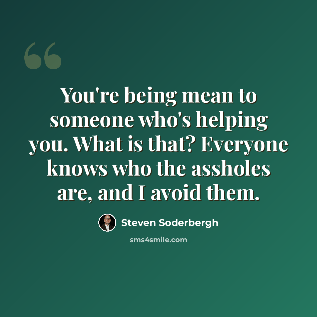 “You're being mean to someone who's helping you. What is that? Everyone knows who the assholes are, and I avoid them.” quote by Steven Soderbergh