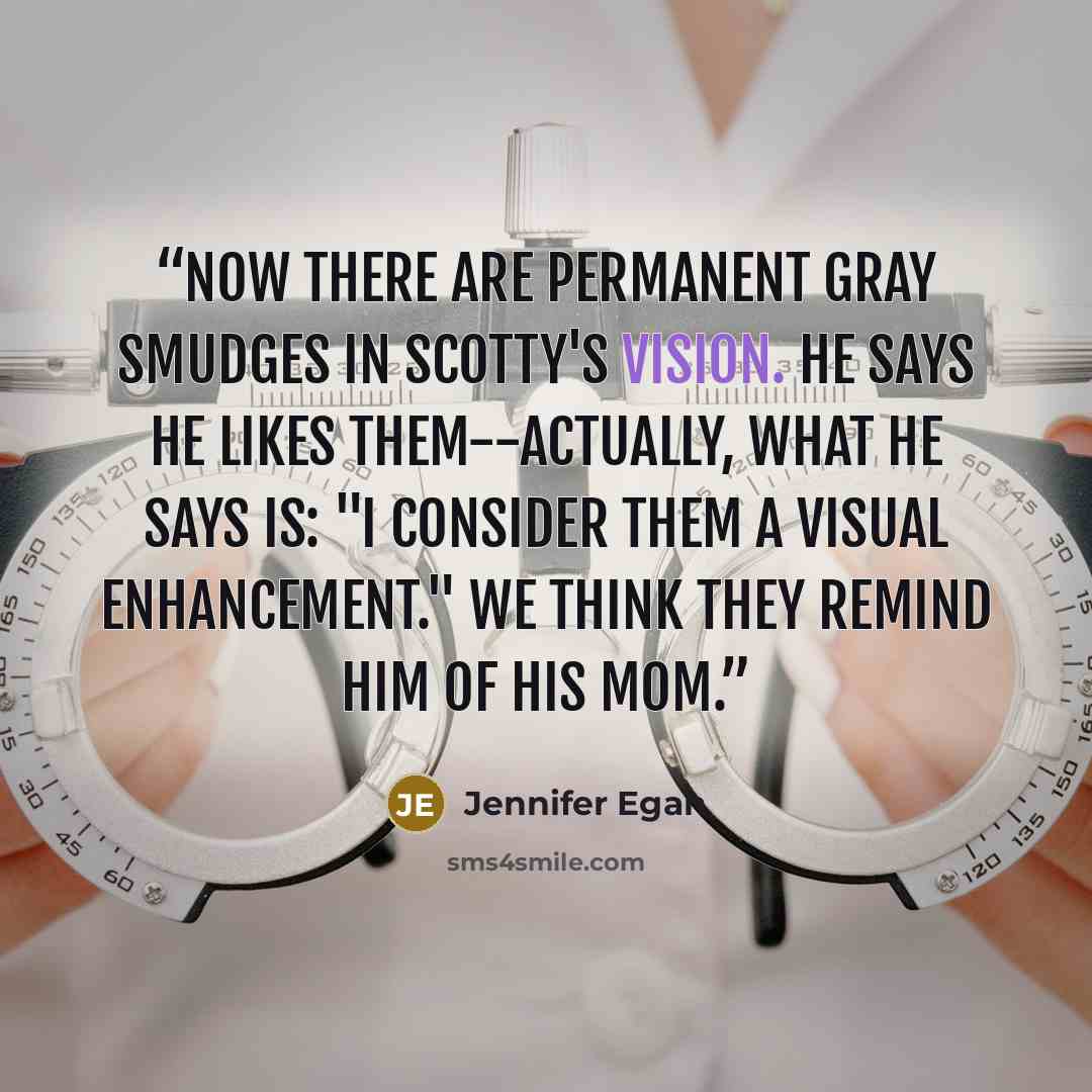 “Now there are permanent gray smudges in Scotty's vision. He says he likes them--actually, what he says is: "I consider them a visual enhancement." We think they remind him of his mom.” quote by Jennifer Egan