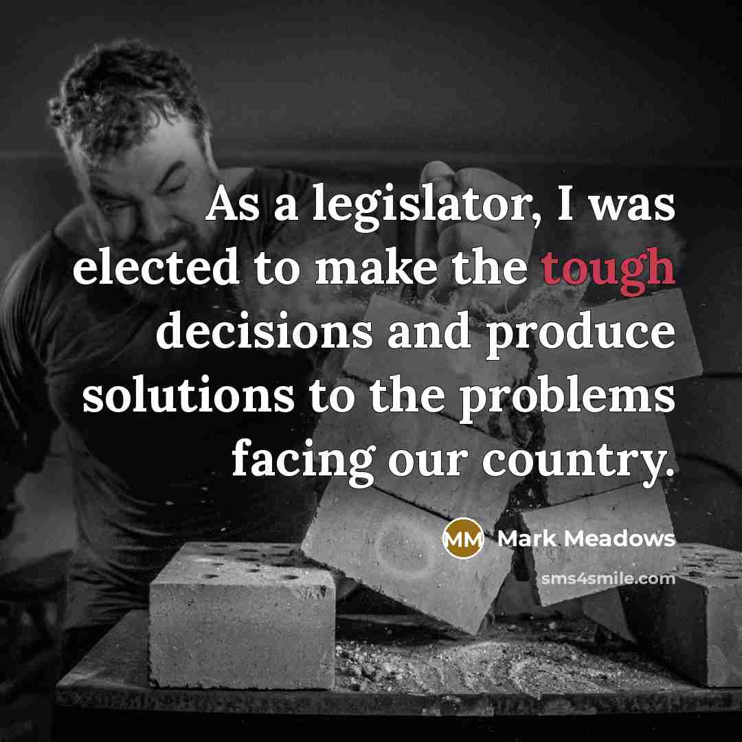 “As a legislator, I was elected to make the tough decisions and produce solutions to the problems facing our country.” quote by Mark Meadows