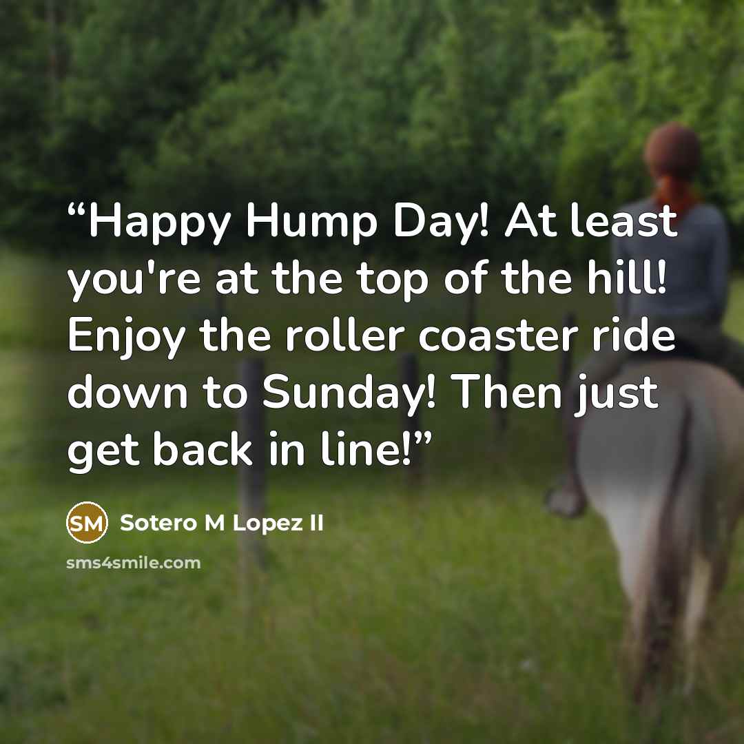 “Happy Hump Day! At least you're at the top of the hill! Enjoy the roller coaster ride down to Sunday! Then just get back in line!” quote by Sotero M Lopez II
