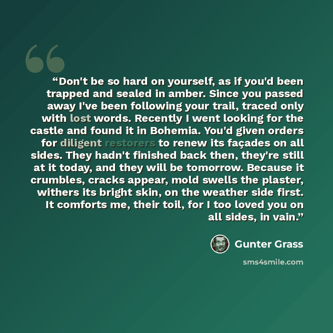 “Don't be so hard on yourself, as if you'd been trapped and sealed in amber. Since you passed away I've been following your trail, traced only with lost words. Recently I went looking for the castle and found it in Bohemia. You'd given orders for diligent restorers to renew its façades on all…” quote by Günter Grass