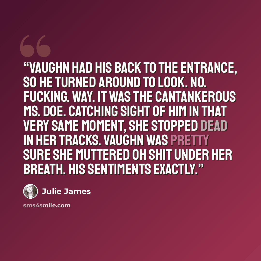 “Vaughn had his back to the entrance, so he turned around to look. No. Fucking. Way. It was the cantankerous Ms. Doe. Catching sight of him in that very same moment, she stopped dead in her tracks. Vaughn was pretty sure she muttered Oh shit under her breath. His sentiments exactly.” quote by Julie James