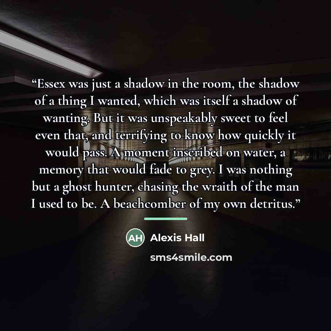 “Essex was just a shadow in the room, the shadow of a thing I wanted, which was itself a shadow of wanting. But it was unspeakably sweet to feel even that, and terrifying to know how quickly it would pass. A moment inscribed on water, a memory that would fade to grey. I was nothing but a ghost…” quote by Alexis Hall